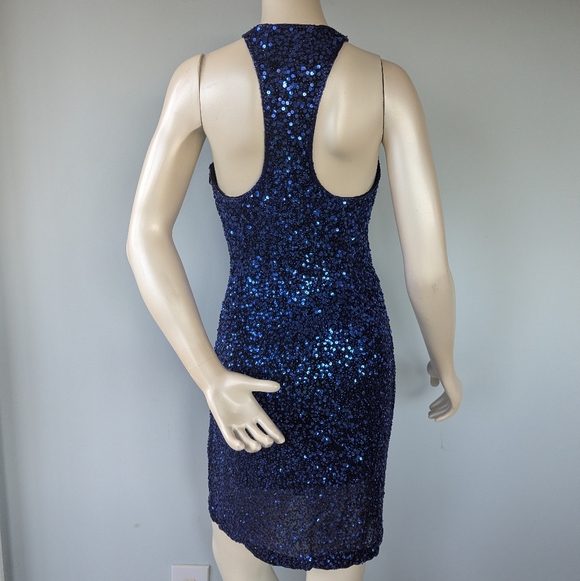 Vintage Oleg Cassini Neiman Marcus Blue Sequin Beaded Silk Cocktail Dress - Picture 11 of 12